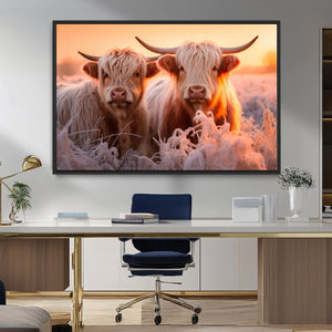 Highland Cows at Sunrise Wall Art Canvas Set – Serene and