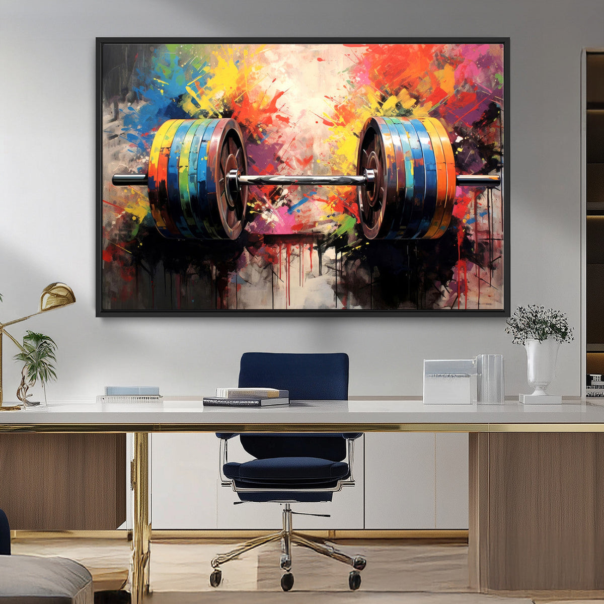 Weightlifting Barbell Art Triptych, Bold Abstract Fitness