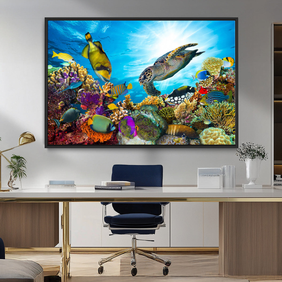 Colorful Coral Reef and Sea Life Turtle Canvas Print,