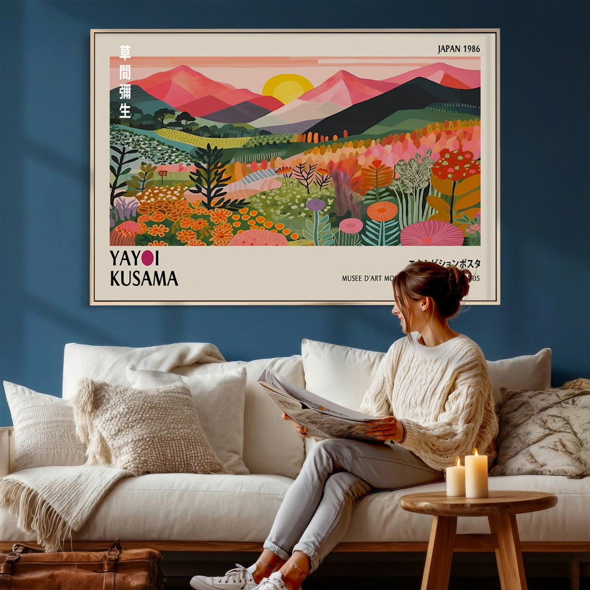 Yayoi Kusama Landscape Canvas Print, Vibrant Floral Mountain Art Print, Framed Botanical Wall Art -