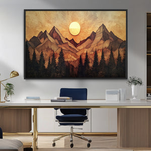 Wood Style Abstract Mountain Sunset Canvas Wall Art Print -