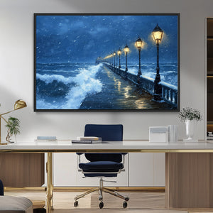 Stormy Ocean Pier Lights Canvas Wall Art Print - Large Moody