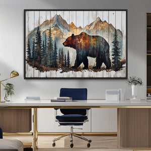 Rustic Grizzly 399 Bear and Mountain Wood Canvas Wall Art -