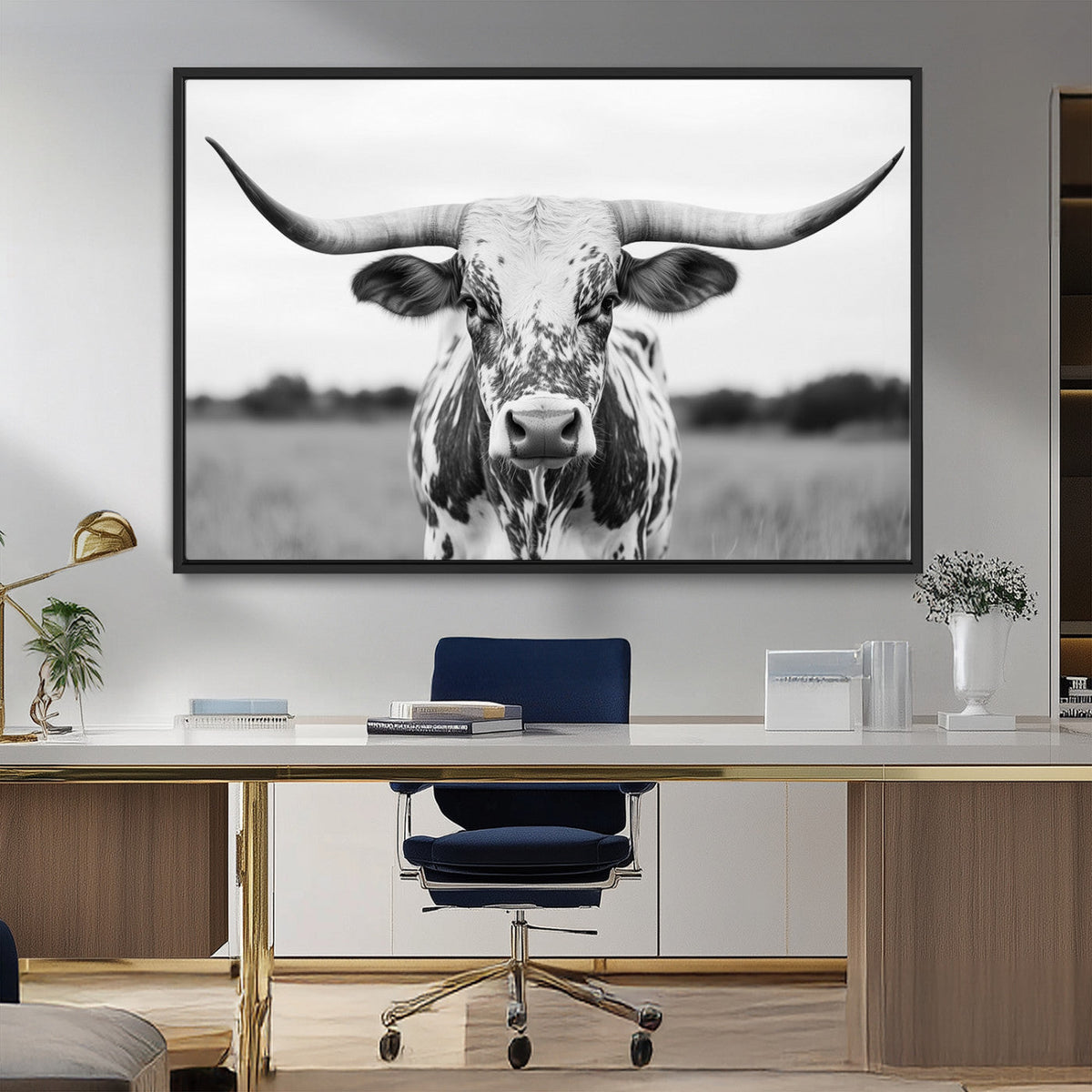 Highland Cow Wall Art Canvas Print – Black and White Western