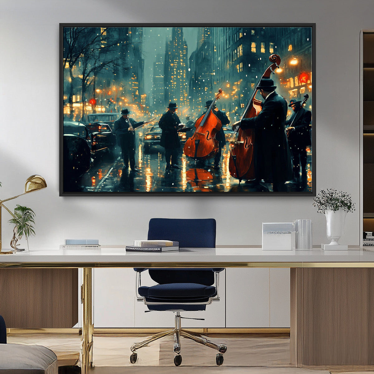 Urban Night Jazz Wall Art Canvas Print – Moody Rain-Soaked