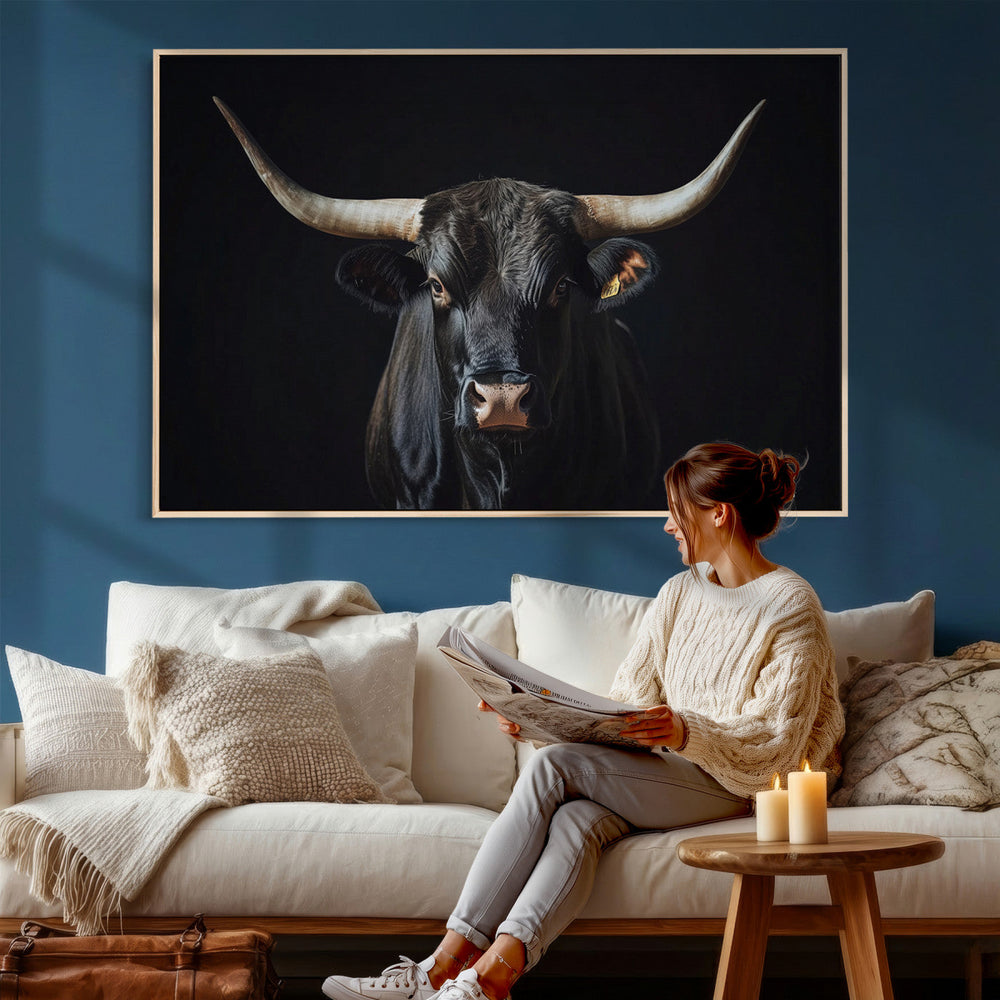 Majestic Longhorn Bull Wall Art Canvas Print – Dark