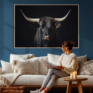 Majestic Longhorn Bull Wall Art Canvas Print – Dark