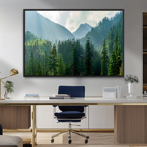 Misty Forest Mountain Wall Art Canvas Print – Framed Serene