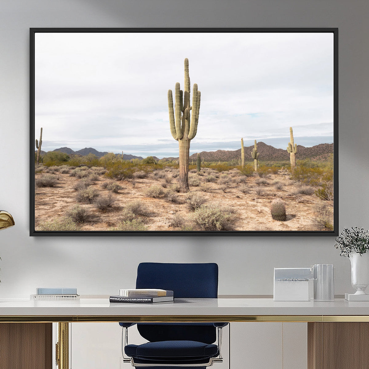 Saguaro Cactus Wall Art – Framed Desert Canvas Artwork,