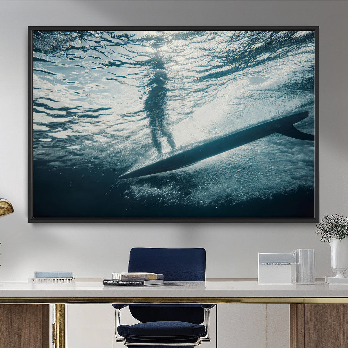 Underwater Surf Wall Art – Framed Ocean Wave Canvas Artwork,