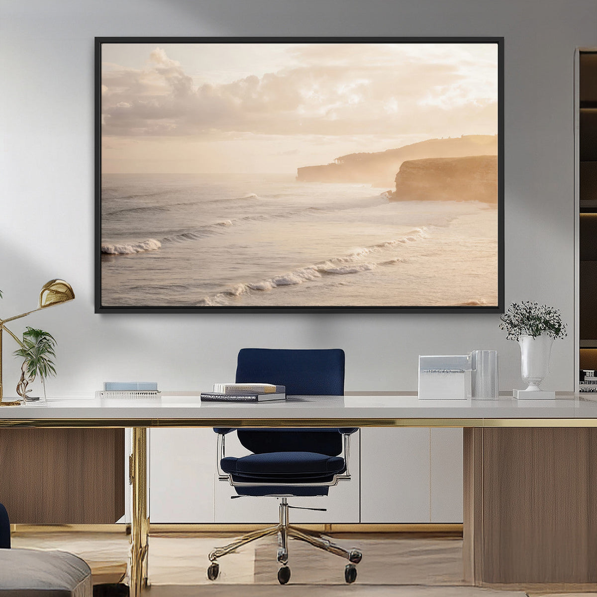 Misty Coastal Wall Art Canvas Print – Framed Golden Sunset
