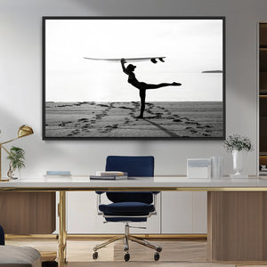 Yoga Surf Wall Art Canvas Print – Framed Black White Shore