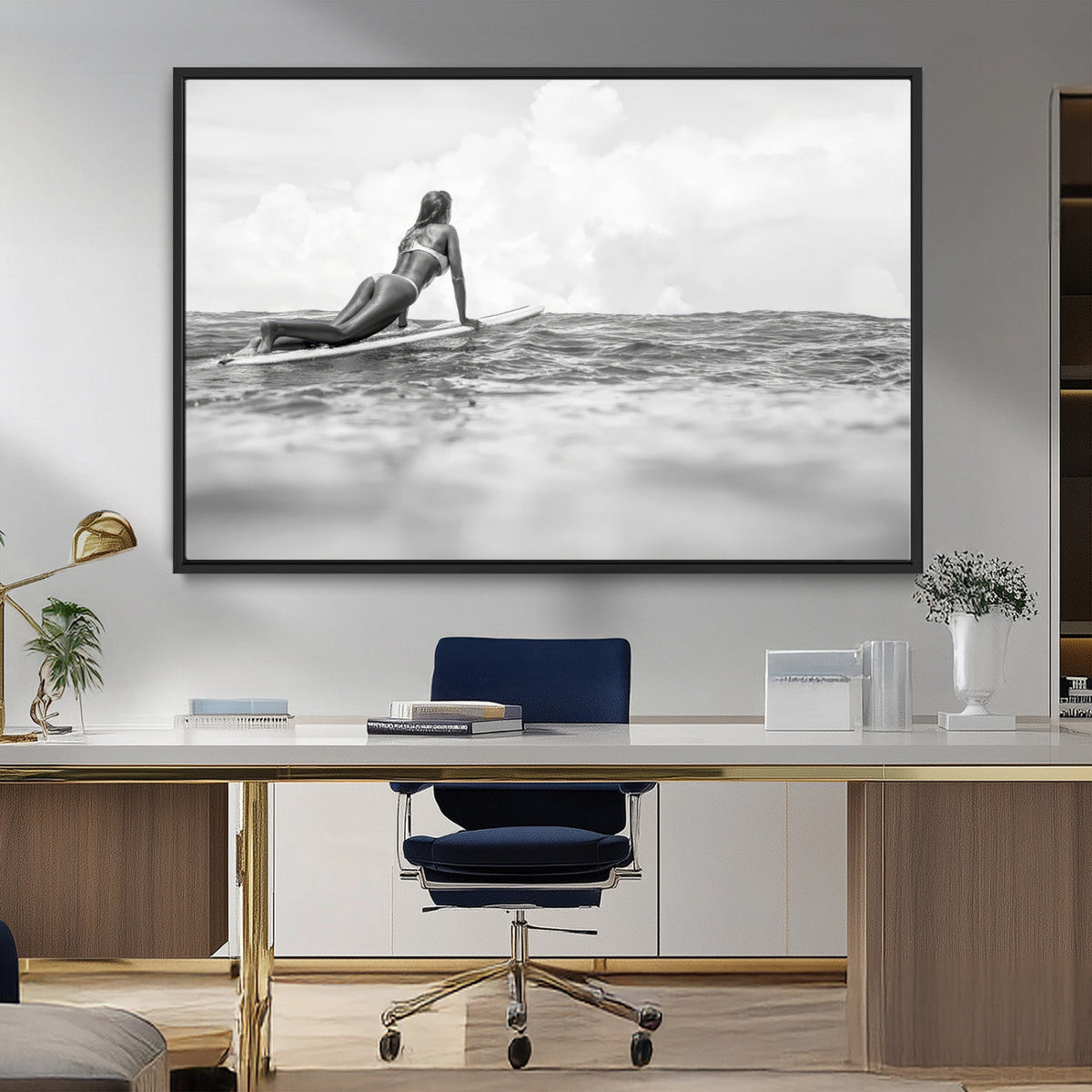 Black and White Surfing Wall Art Canvas Print – Framed Ocean