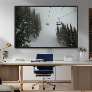 Ski Lift Wall Art Canvas Print – Snowy Pines Misty Landscape