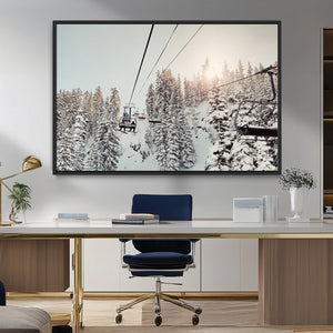 Frosty Pines Wall Art Canvas Print – Framed Cozy Cabin Ski