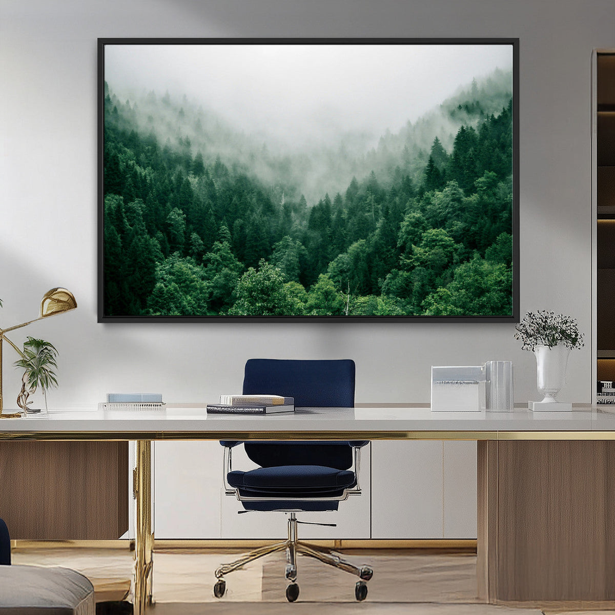 Misty Green Forest Canvas Print – Framed Serene Foggy Pine