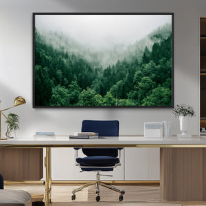 Misty Green Forest Canvas Print – Framed Serene Foggy Pine