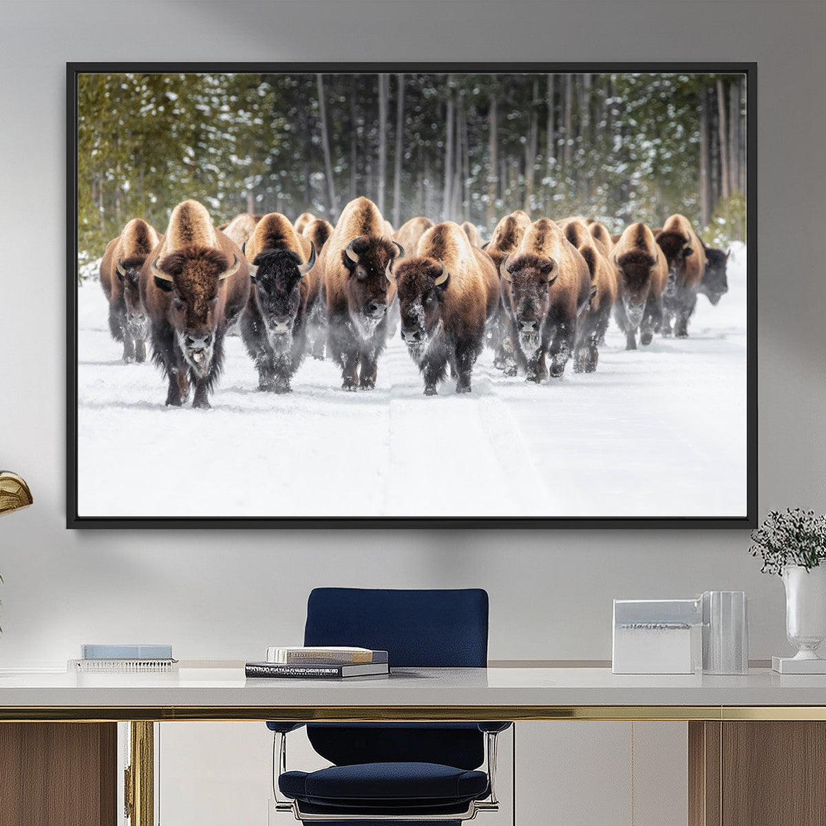American Bison Herd Wall Art Canvas Print – Powerful Winter