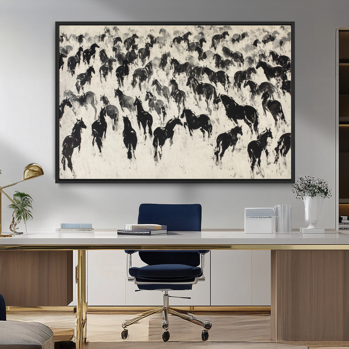 Wild Horse Stampede Wall Art Canvas Print – Monochrome