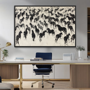 Wild Horse Stampede Wall Art Canvas Print – Monochrome