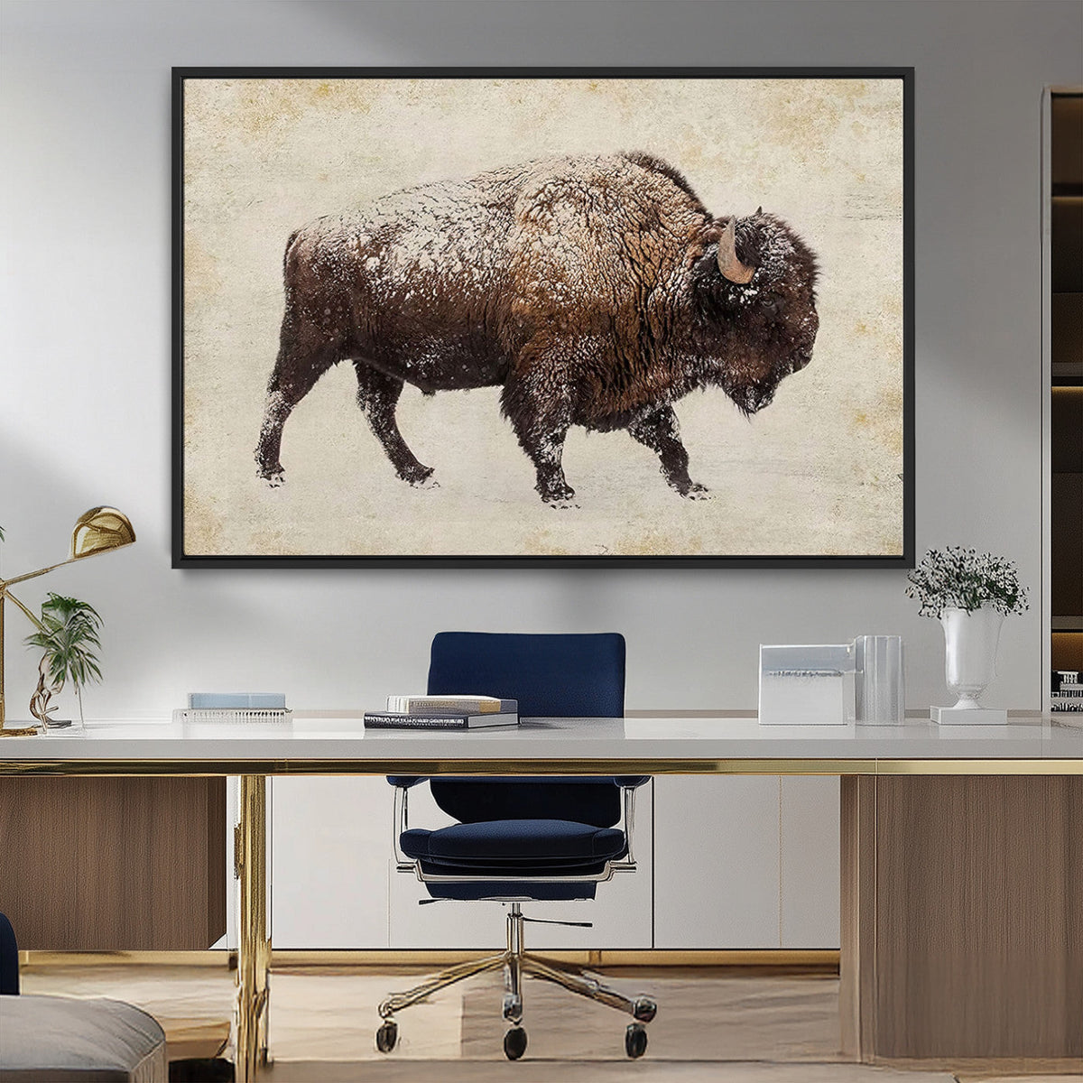 Snow-dusted bison silhouette textured vintage style rugged