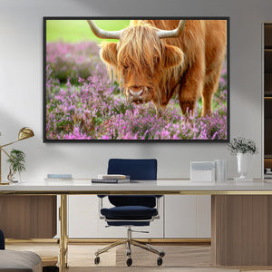 Highland Cow Wall Art Canvas Print – Framed Purple Flowers