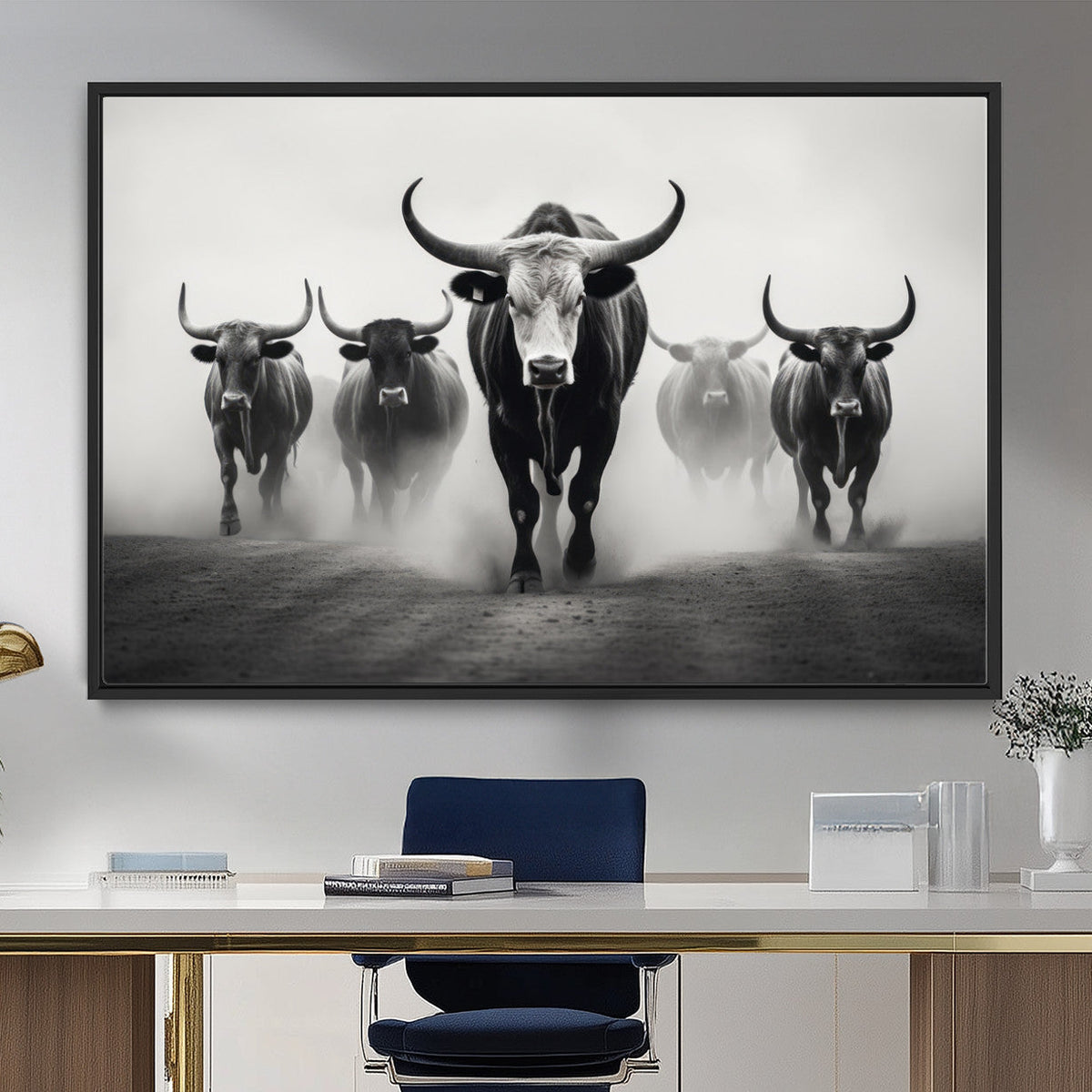 Texas Longhorn Wall Art Canvas Print, Framed Speckled Cow