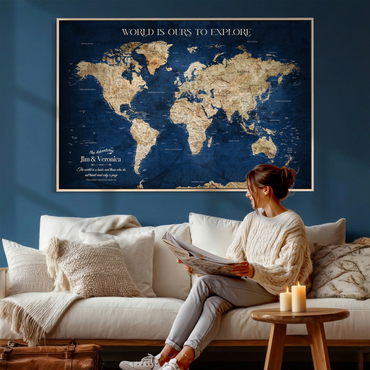 Framed Custom World Map Canvas Print - Deep Blue World Map