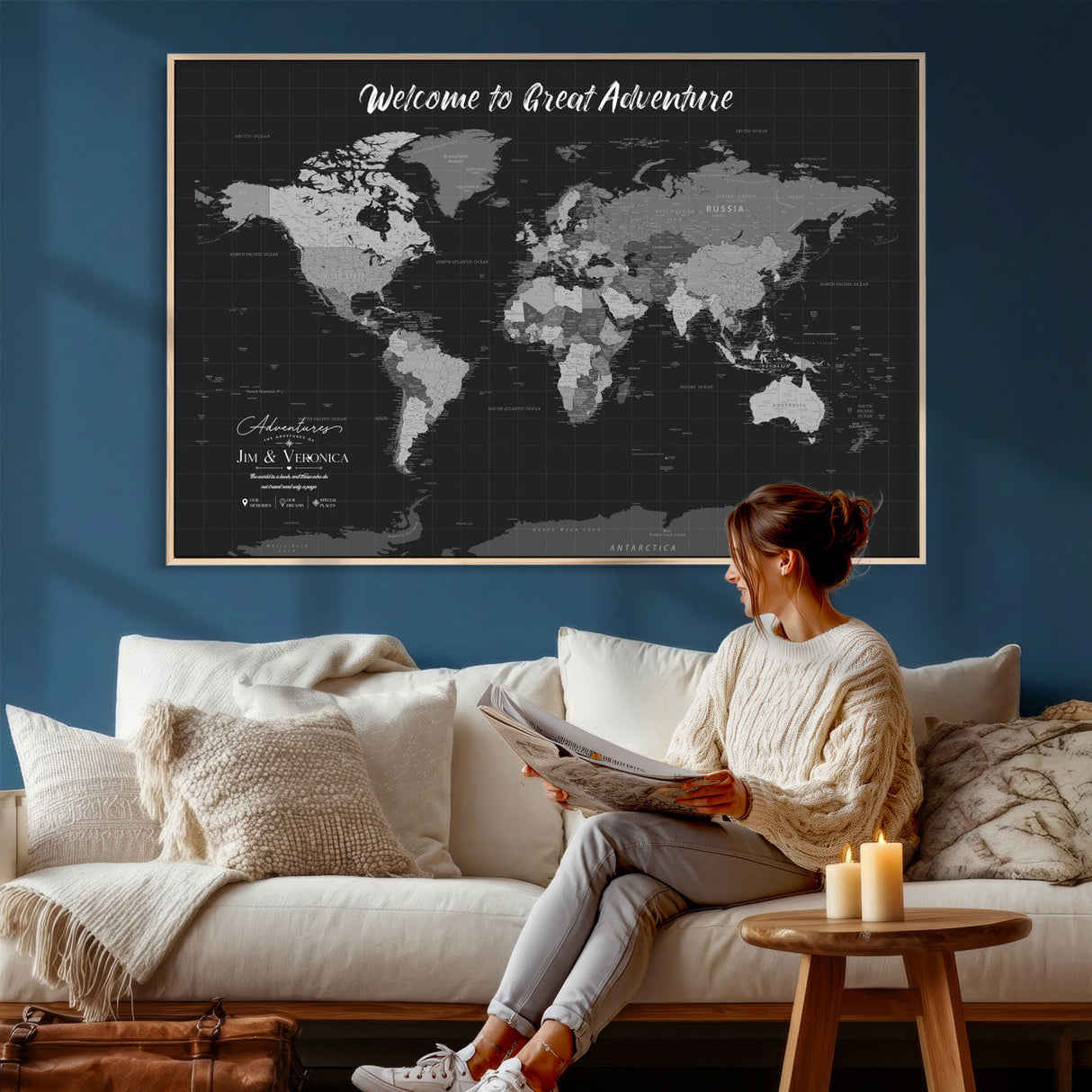 Custom World Map Canvas with Pins – Custom Framed Push Pin Maps - NEWMAP-21