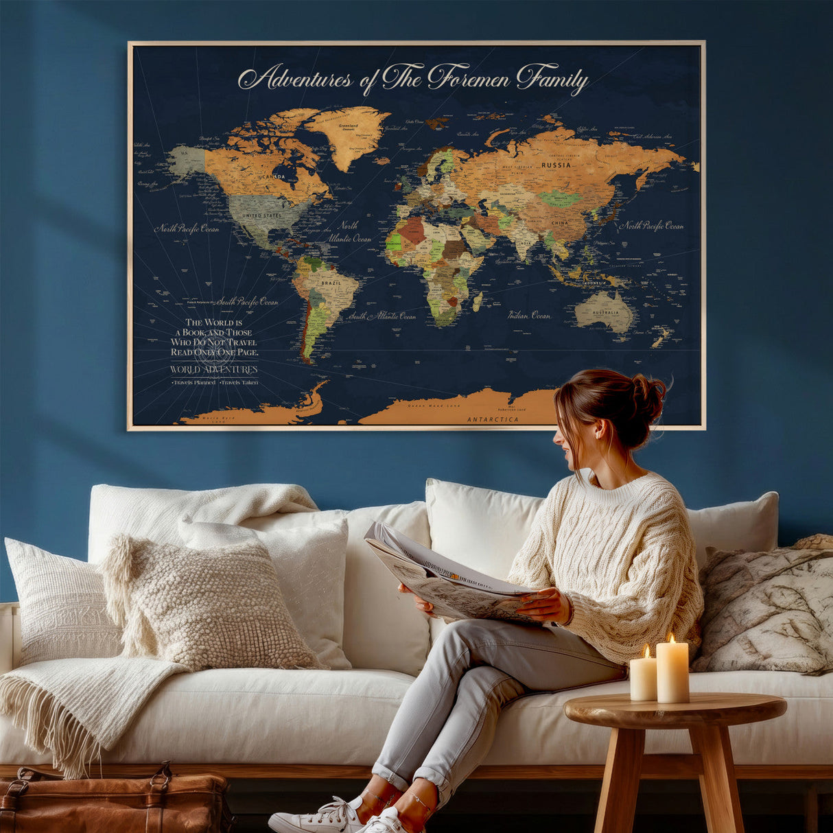 Custom Push Pin World Map Wall Art Canvas Print – Personalized Travel Tracker with Pins Framed Large for Home and Office Decor