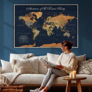 Custom Push Pin World Map Wall Art Canvas Print – Personalized Travel Tracker with Pins Framed Large for Home and Office Decor