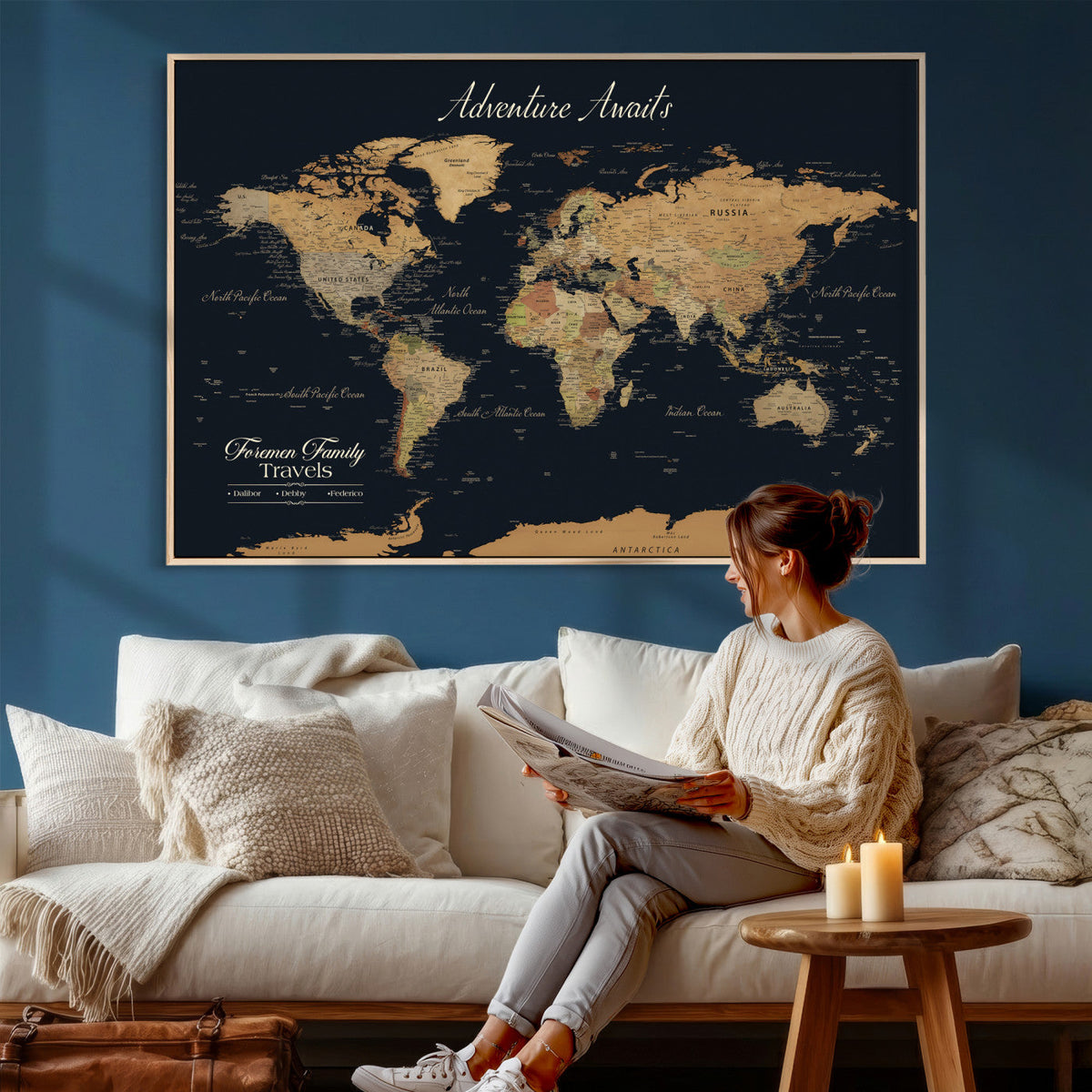 Personalized Family Travel Map Canvas – Custom Framed Push