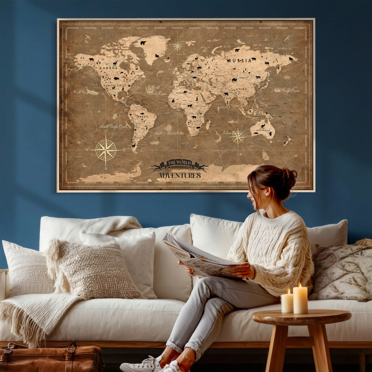 Custom Push Pin World Map Wall Art Canvas Print – Personalized Travel Tracker with Pins Framed Large for Home and Office Decor