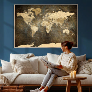 Large Framed Vintage World Map Wall Art Print for Home Wall