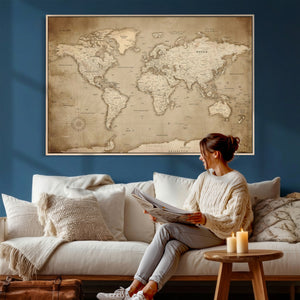 Colorful Watercolor World Map Canvas Wall Art – Framed