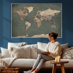 Rustic Black and Wood World Map Canvas Wall Art – Framed