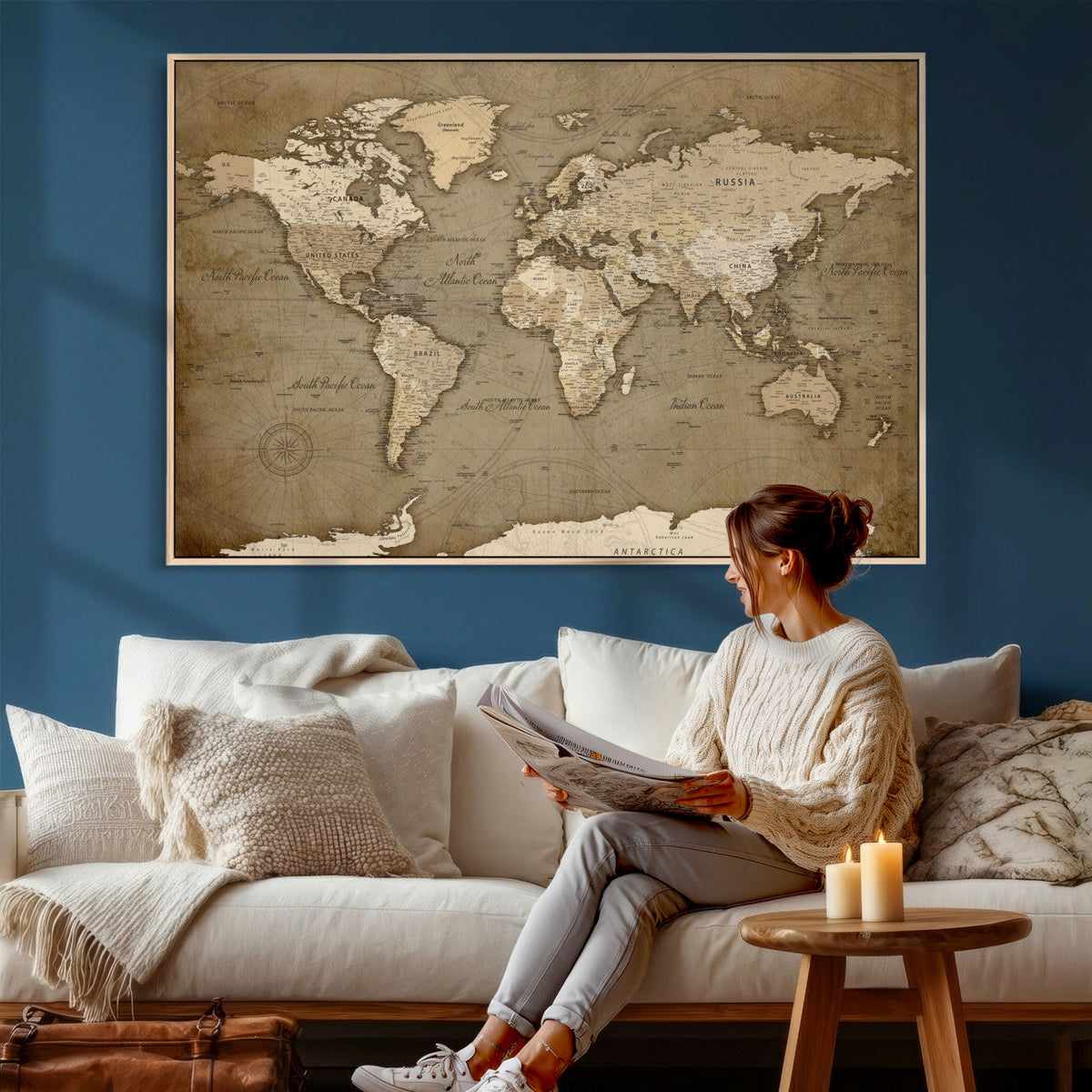 World Map Wall Art Canvas Print, Framed Map Art Picture