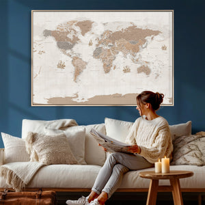 Framed Large World Map Canvas Print for Office Decor