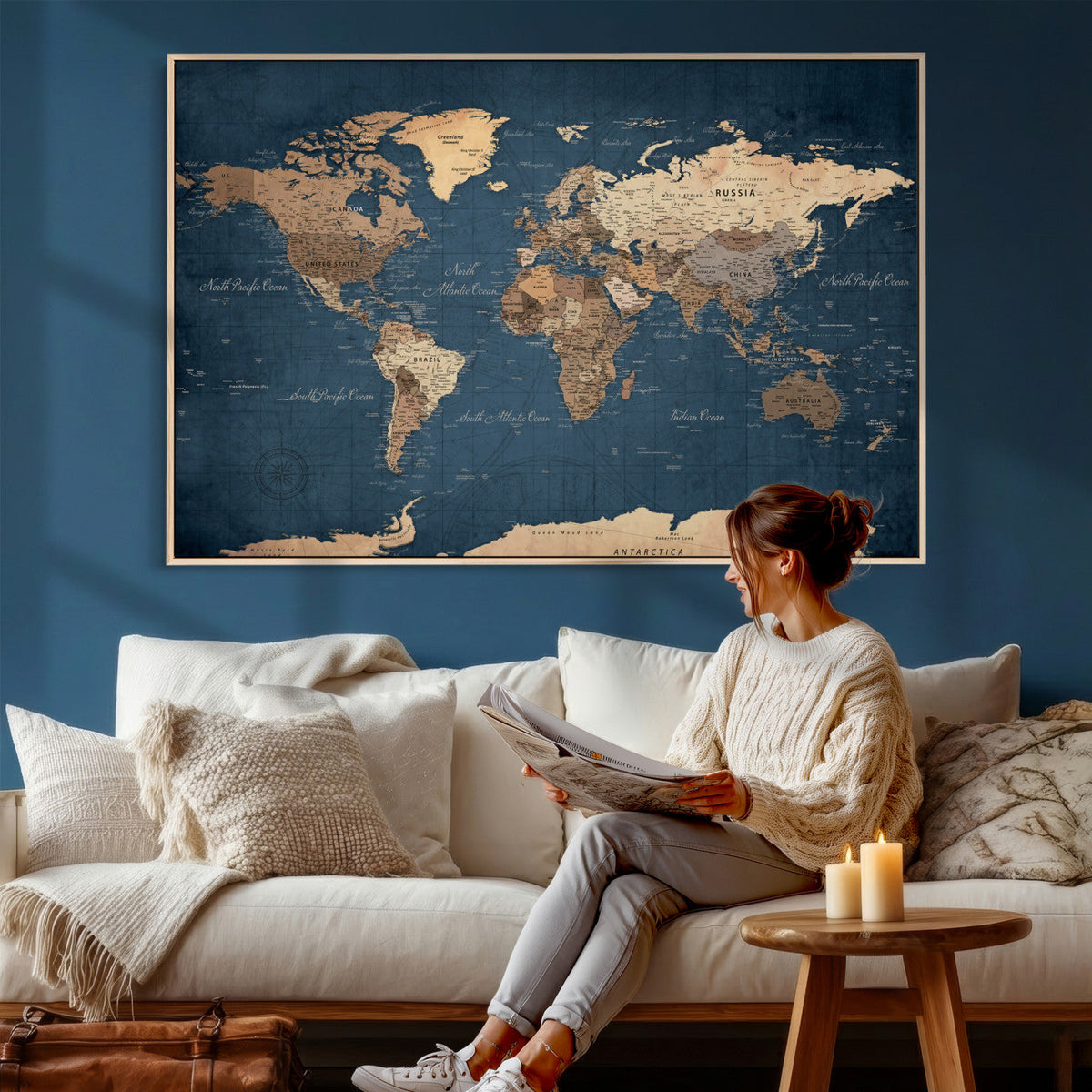 Navy Blue World Map Canvas Print – Framed Travel Map Wall