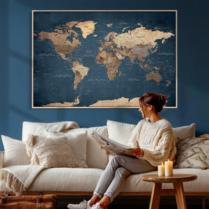 Navy Blue World Map Canvas Print – Framed Travel Map Wall