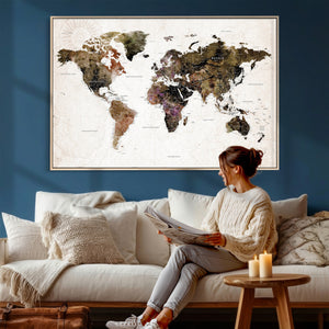 Watercolor World Map Print - Large Wall Art Canvas Print for