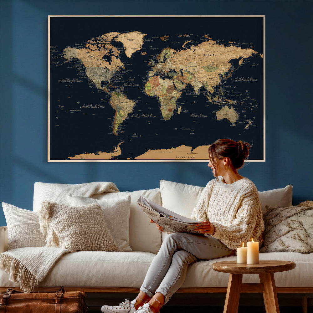 Vintage World Map Canvas on the Dark Background Wall Art