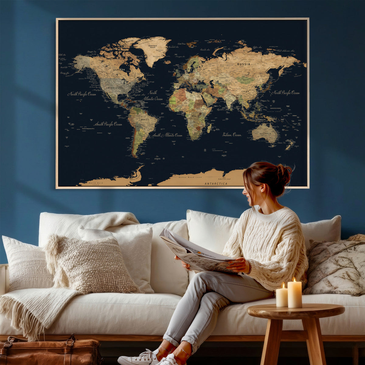 Vintage World Map Canvas on the Dark Background Wall Art