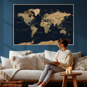 Vintage World Map Canvas on the Dark Background Wall Art