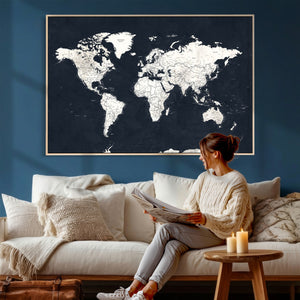 Black World Map Wall Art Canvas Print for Home Office and