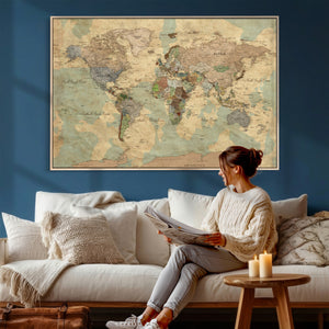 Vintage World Map Wall Art | Ready to Hang and Framed