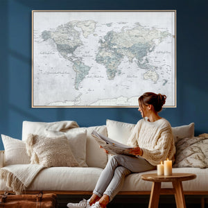 Push Pin World Map Canvas Print - Detailed Vintage World Map