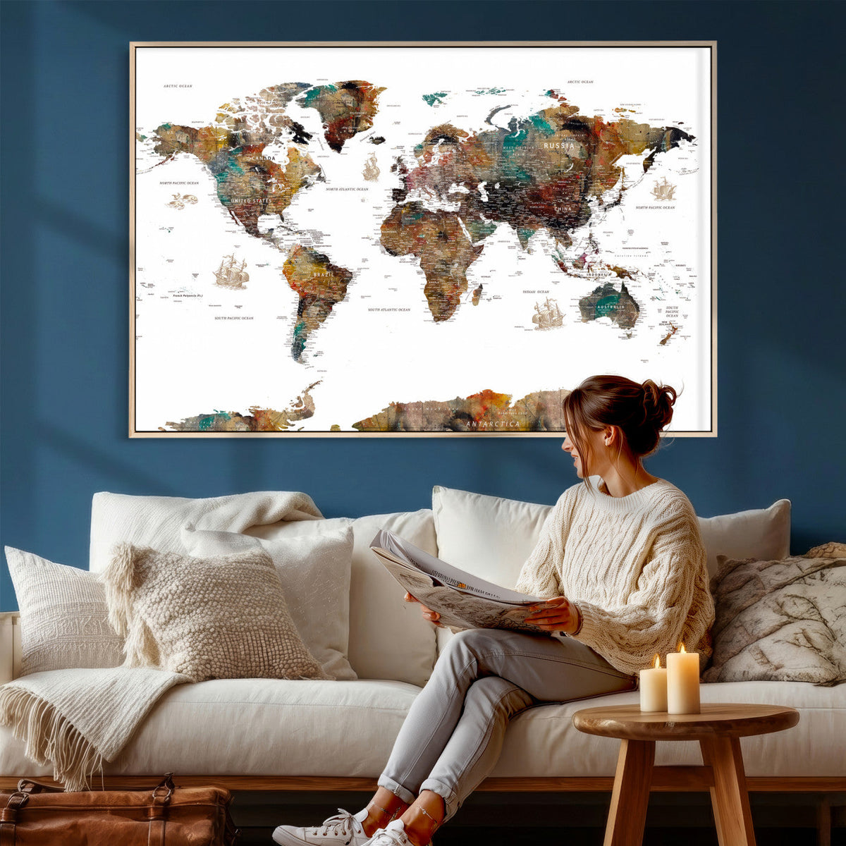 Watercolor World Map Canvas Print – Detailed Map of the