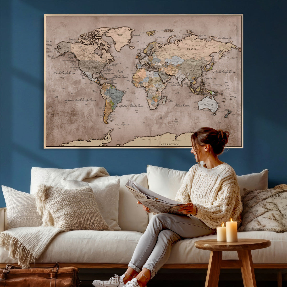 Grunge World Map Canvas Wall Art - Vintage Aged World Map