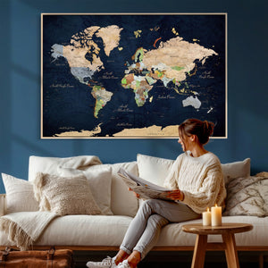 Minimalist World Map Canvas Wall Art - Watercolor Blue and